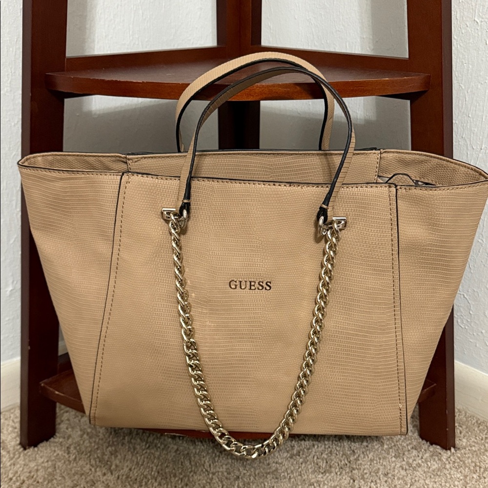 GUESS Beige Tote with Gold Chain